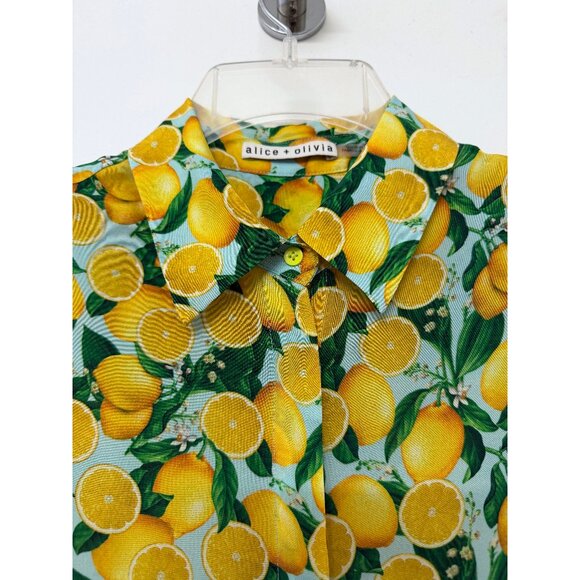 Alice + Olivia Jem Mini Shirt Dress Lemon Squeeze Print Floral Fruit Blue S - Picture 4 of 16